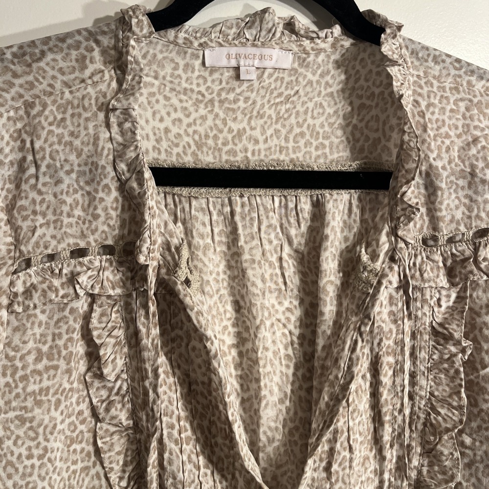 Olivaceous Womens Leopard Print Ruffle Blouse Long Sleeve Tassel Top Large